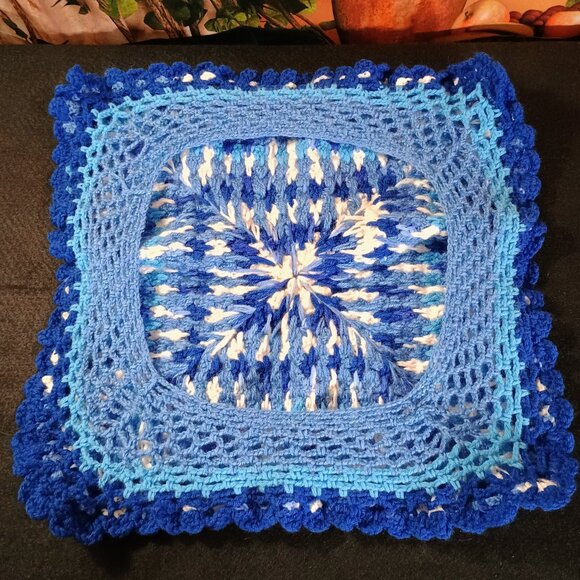 EUC: Handmade 18x18 in Blue White Crocheted Textured Boho Pillow Cover - Picture 2 of 3